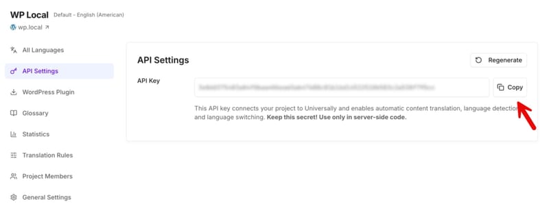 Der Bildschirm API-Einstellungen mit der Schaltfläche Kopieren neben dem hervorgehobenen API-Schlüssel
