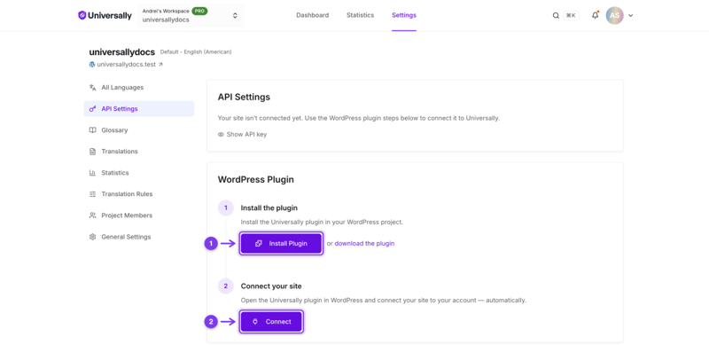 Der Bildschirm API-Einstellungen mit einer Steuerung API-Schlüssel anzeigen und einer WordPress-Plugin-Karte, die Plugin installieren und Verbinden anbietet
