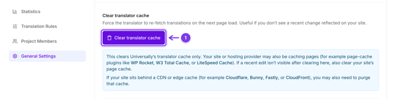 Das Bedienfeld für Projektaktionen mit hervorgehobenem Button „Übersetzer-Cache leeren“ und einem Hinweis auf Seiten-Caches und CDNs