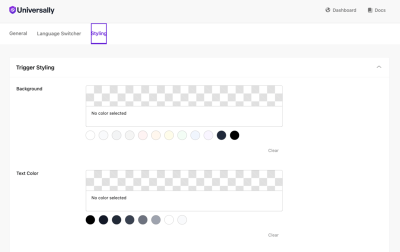 Der Tab "Styling", der die Trigger-Styling-Optionen mit Hintergrund- und Textfarbwählern zeigt