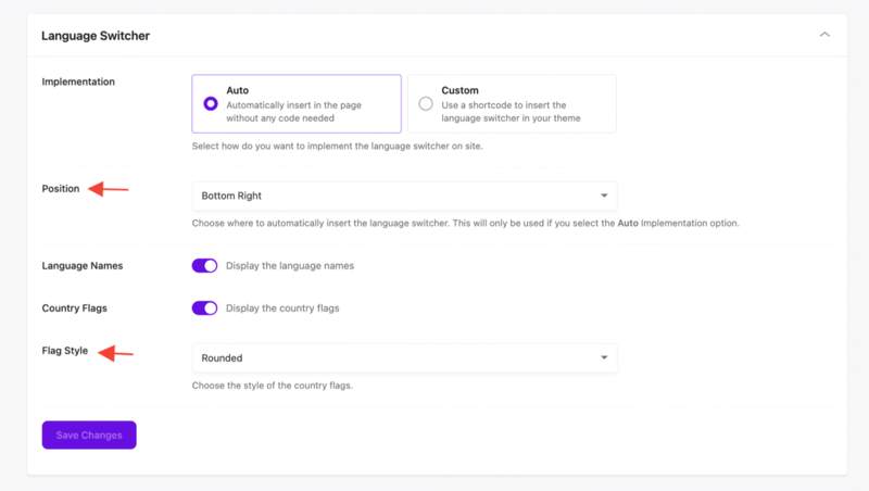 Der Tab "Sprachumschalter" im WordPress-Plugin, der die Einstellungen für Implementierung, Position, Sprachnamen, Länderflaggen und Flaggenstil zeigt