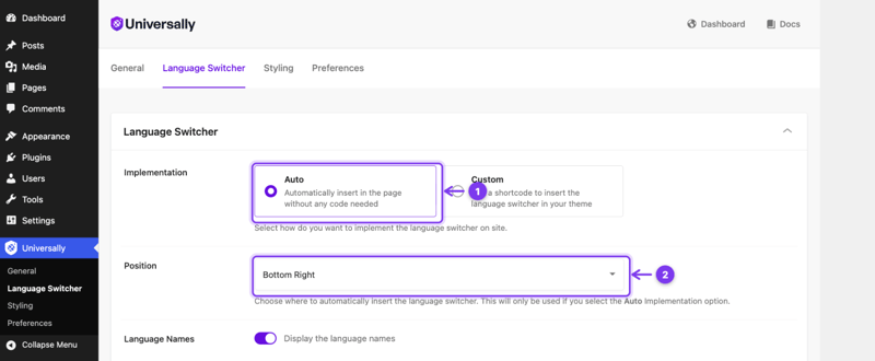 Die Einstellungen des Plugins Sprachumschalter mit geöffnetem Dropdown-Menü Position, das Unten Rechts, Unten Links, Oben Rechts und Oben Links anbietet