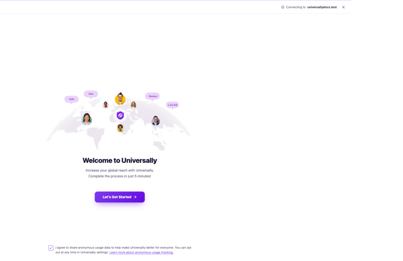 Der Bildschirm Willkommen bei Universally nach der Aktivierung, mit der Schaltfläche Los geht's